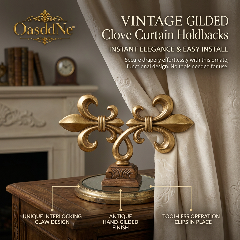 OasddNe™ Vintage Gilded Fleur-de-lis Curtain Holdbacks, No-Drill Drapery Tiebacks, Antique Gold Decorative Curtain Clips for Window Treatments, Ornate Tool-Free Drapery Holders