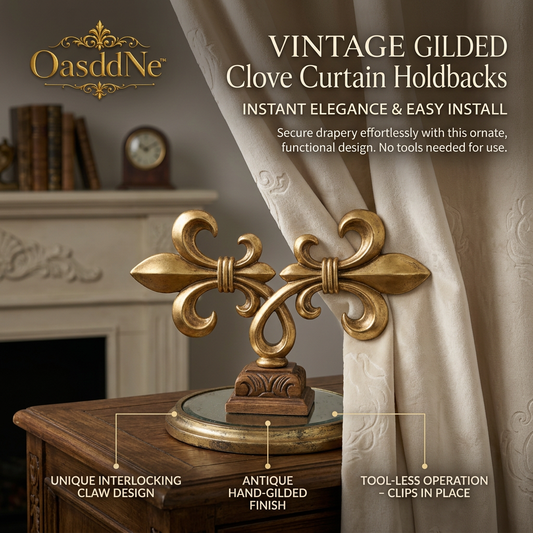 OasddNe™ Vintage Gilded Fleur-de-lis Curtain Holdbacks, No-Drill Drapery Tiebacks, Antique Gold Decorative Curtain Clips for Window Treatments, Ornate Tool-Free Drapery Holders