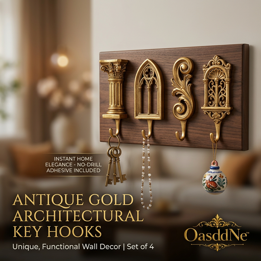OasddNe™ Antique Gold Architectural Key Hooks - Decorative Wall Mounted Key Holder with 4 Vintage Metal Hooks, No-Drill Adhesive Entryway Organizer & Rustic Wood Wall Decor for Keys, Jewelry, Masks