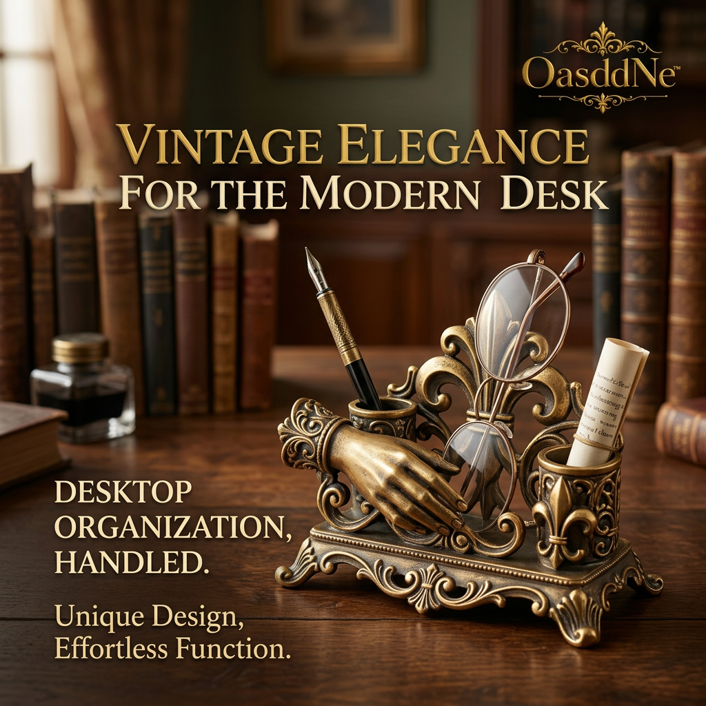 OasddNe™ Vintage Desk Organizer and Eyeglass Holder | Antique Bronze Pen Cup Stand & Victorian Hand Glasses Display | Ornate Gothic Retro Office Decor & Desktop Station for Fountain Pens, Reading Glasses & Stationery