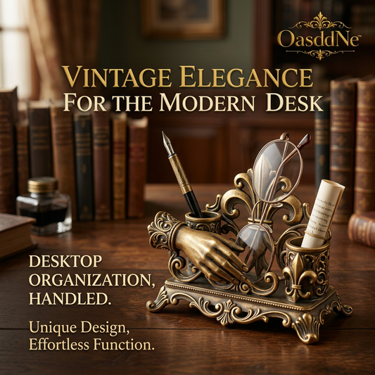 OasddNe™ Vintage Desk Organizer and Eyeglass Holder | Antique Bronze Pen Cup Stand & Victorian Hand Glasses Display | Ornate Gothic Retro Office Decor & Desktop Station for Fountain Pens, Reading Glasses & Stationery