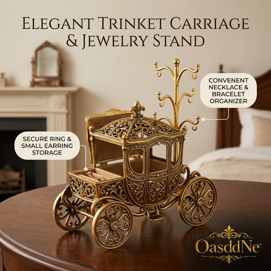 OasddNe™ Vintage Royal Carriage Jewelry Box & Necklace Stand - Antique Gold Trinket Organizer with Ring Storage & Hanging Hooks for Bracelets, Earrings, Dresser Decor Gift for Women