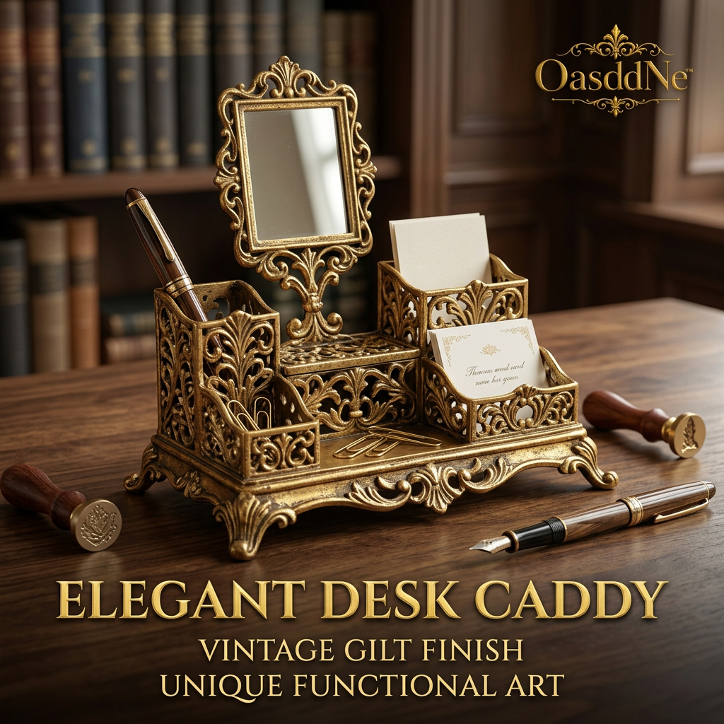 OasddNe™ Vintage Gilt Desk Organizer with Mirror - Antique Gold Filigree Desk Caddy, Luxury Pen Holder, Business Card Stand, and Stationery Tray for Executive Office & Home Decor - Unique Functional Art