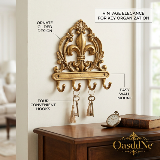 OasddNe™ Fleur De Lis Wall Mounted Key Holder - Vintage Gold Decorative Key Rack with 4 Hooks - Antique Gilded Entryway Organizer for Keys, Lanyards, and Small Accessories
